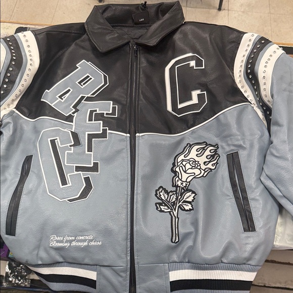 Men's Black and Gray leather Bomber Jacket with Embroidered Patches